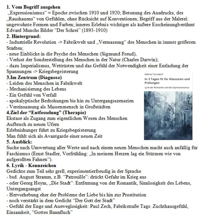 Spickzettel mit den Kennzeichen von Gedichten des Expressionismus