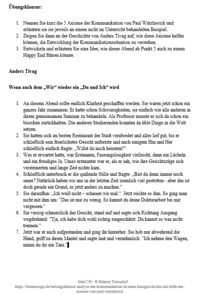 5 Axiome Watzlawick übungen Pdf Übungsklausur: Analyse der Kommunikation in einer Kurzgeschichte mit