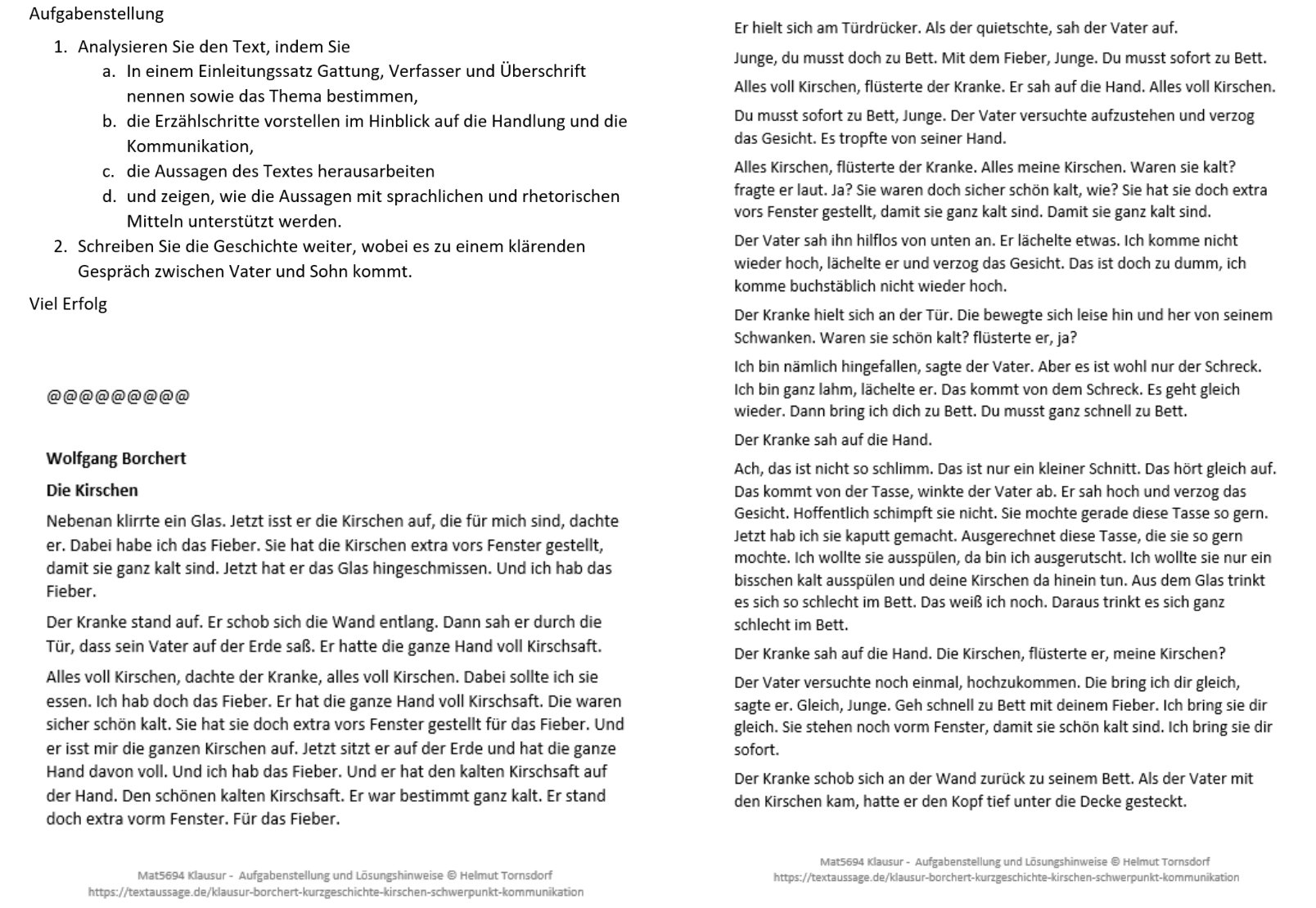 Die Kirschen Wolfgang Borchert Inhaltsangabe Klausur zu der Kurzgeschichte "Die Kirschen" von Wolfgang Borchert mit