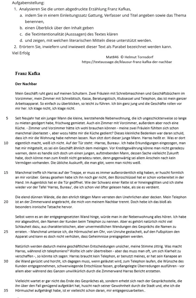 Kafka, "Der Nachbar" - Klausur - Gattungsfrage als