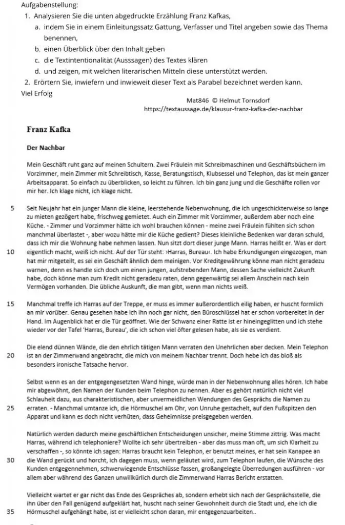 Gedichte Vormärz Klausur Klasse 10 Klausur: Textanalyse und Interpretation - Franz Kafka, "Heimkehr