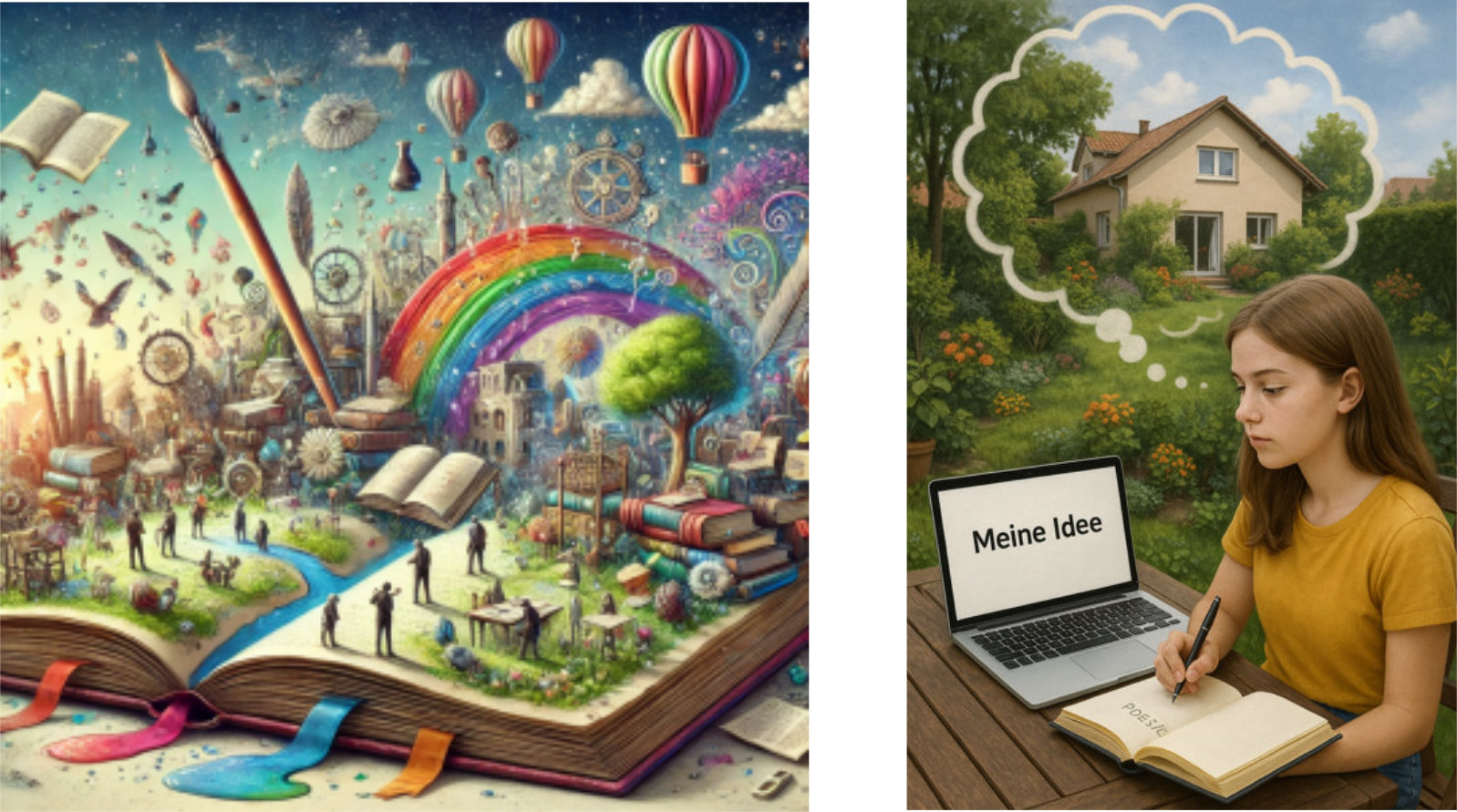 Bild zur Kreativität: links ein aufgeschlagenes Buch, aus dem Landschaften, Wörter und Papierflieger aufsteigen, rechts ein Mensch, der aus einer Wolke von Eindrücken etwas Neues schreibt