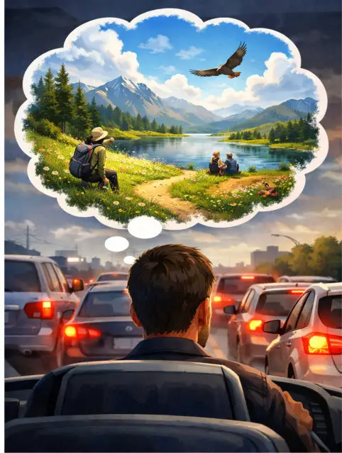 Hier ein Mann im Stau - und der Fluchttraum in eine Berglandschaft - einsam und voller Naturschönheit an einem See.