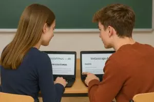 Eine Schülerin und ein Schüler sitzen vor zwei Laptops und tauschen sich über Recherchen aus.