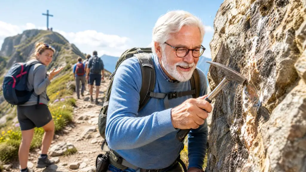 Man sieht einen Wanderer, der sich von der Gruppe gelöst hat, weil er etwas Spannendes am Wegesrand entdeckt hat. Es könnte so etwas wie eine Goldader sein, die er jetzt genauer mit dem Hammer prüft
