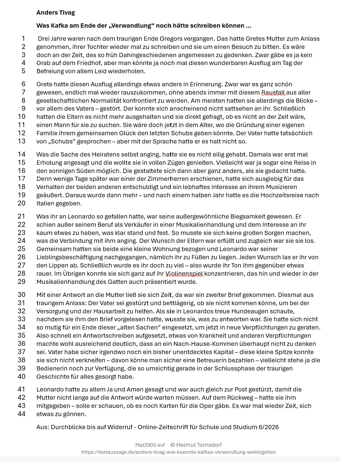 Druckvorlage: Anders Tivag, Was Kafka am Ende der Verwandlung noch hätte schreiben können – Text mit Zeilennummern