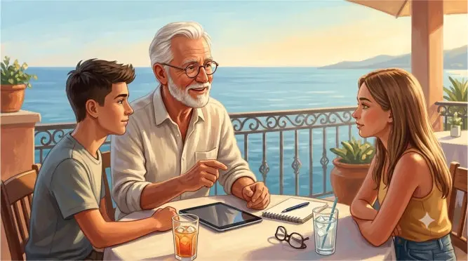 Gezeichnete Szene: Ein älterer Herr mit Brille erklärt einem Jungen und einem Mädchen etwas, sie sitzen an einem Tisch auf einer Terrasse am Meer.
