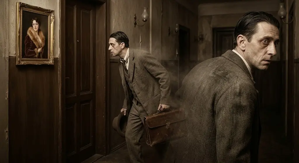 First AI version: the same man appears twice in a dim hallway – once walking towards a door, once in the foreground looking back anxiously; a framed picture of a lady in fur hangs on the wall
