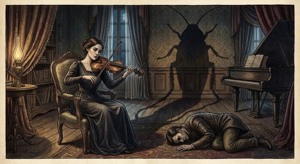 Impulsbild: Grete spielt Geige, Leonardo liegt ihr zu Füßen, an der Wand der Schatten eines riesigen Käfers
