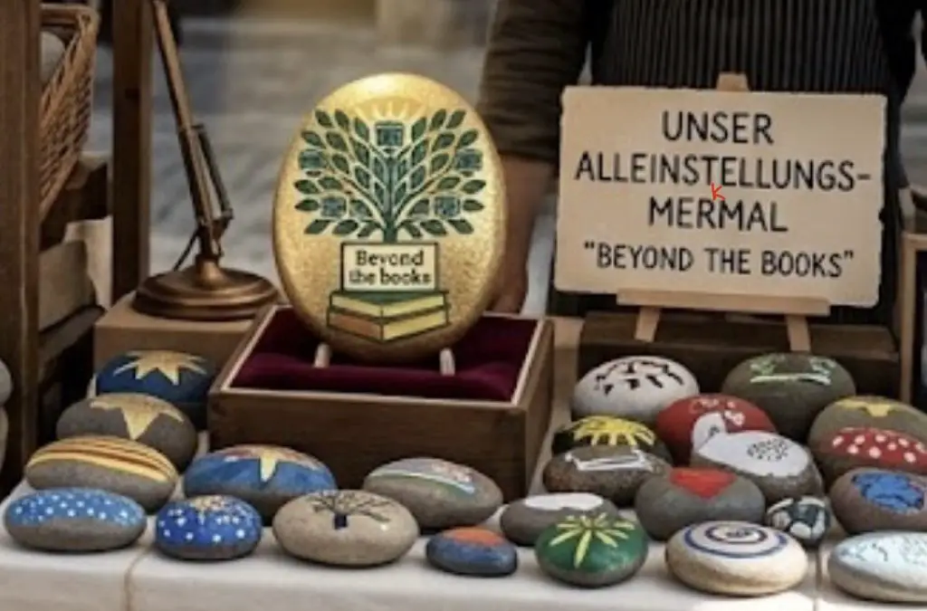 Marktstand mit bemalten Steinen und goldenem „Beyond the Books“-Stein, daneben ein Schild mit rot nachgetragenem „k“