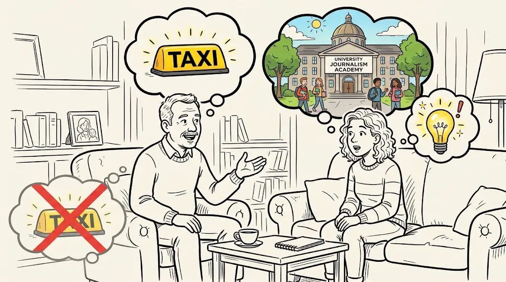Man sieht den Onkel, wie er seiner Nichte erzählt, dass eine gescheiterte Taxi-Prüfung für ihn ein Grund war, es doch an der Journalistenakademie noch mal zu versuchen. Für die Nichte bedeutet das einen Geistesblitz, der Hoffnung gibt und Mut macht!