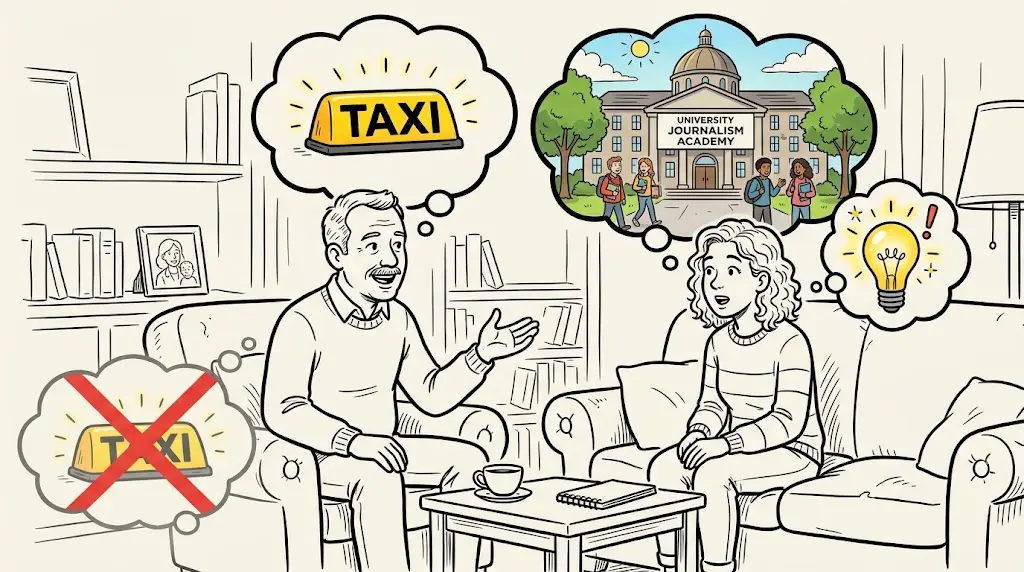 Man sieht den Onkel, wie er seiner Nichte erzählt, dass eine gescheiterte Taxi-Prüfung für ihn ein Grund war, es doch an der Journalistenakademie noch mal zu versuchen. Für die Nichte bedeutet das einen Geistesblitz, der Hoffnung gibt und Mut macht!
