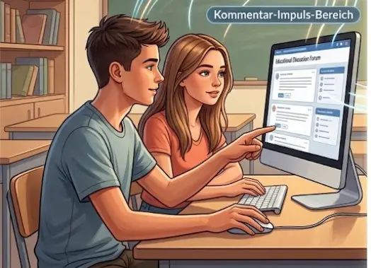 Kommentar-Impuls-Bereich: zwei Jugendliche schreiben am Computer einen Kommentar