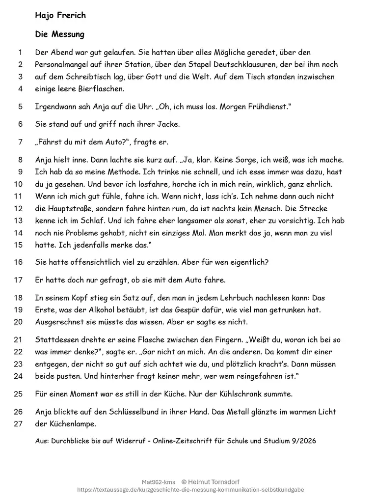 Druckvorlage der Kurzgeschichte „Die Messung“ von Hajo Frerich mit Zeilennummerierung von 1 bis 27