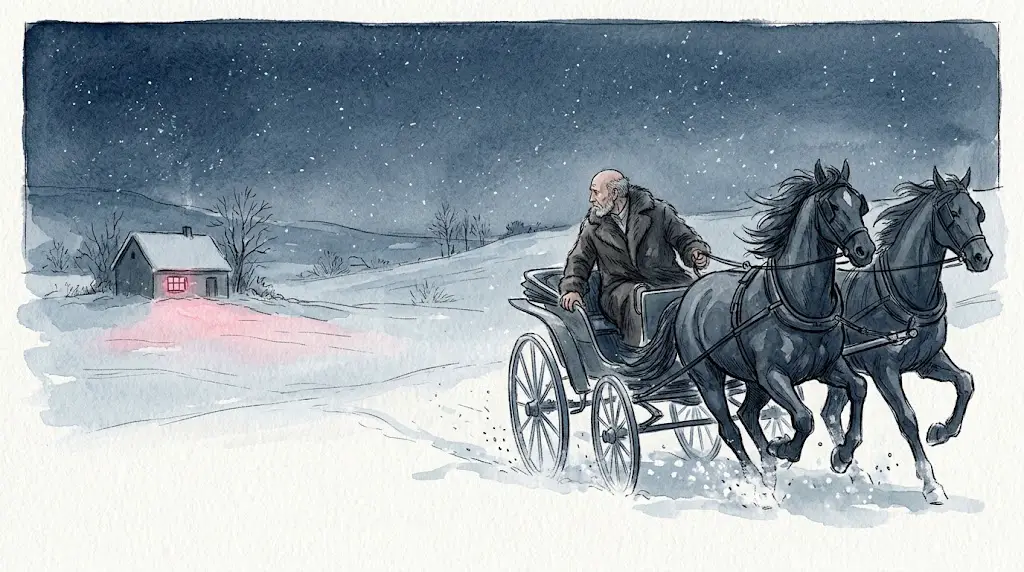 Aquarell: Ein alter Landarzt fährt in einem offenen Pferdewagen durch die verschneite Nacht und blickt zurück auf ein fernes Haus, dessen Fenster rosa leuchtet