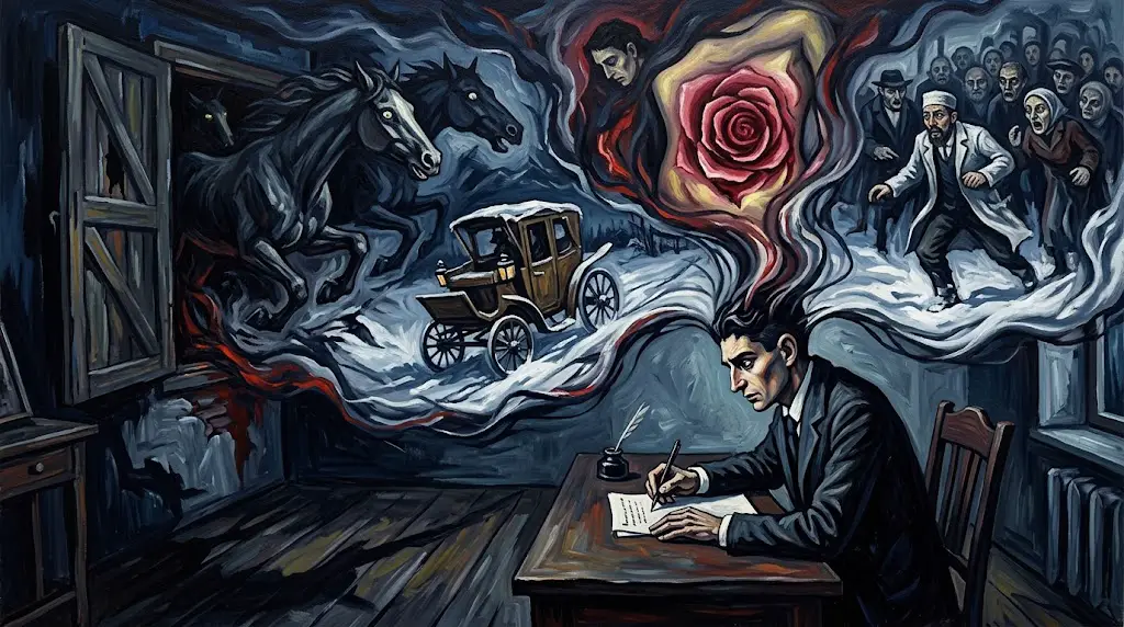 Expressionistisches Gemälde: Ein Schriftsteller schreibt am Schreibtisch, aus seinem Kopf strömen die Bilder der Erzählung – Pferde aus einer Stalltür, ein Wagen im Schnee, eine rote Rose und eine bedrängende Menschenmenge um einen Arzt
