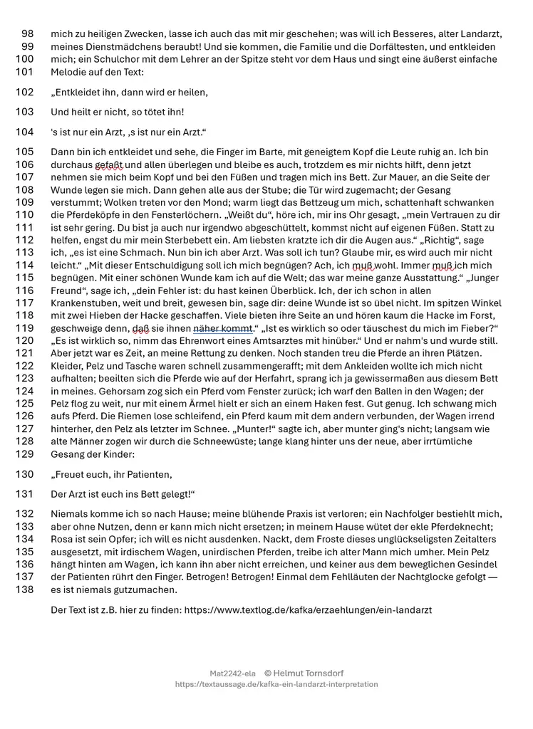 Vorschau der Druckvorlage zu Kafkas Erzählung „Ein Landarzt“ mit Zeilennummern, Teil 2