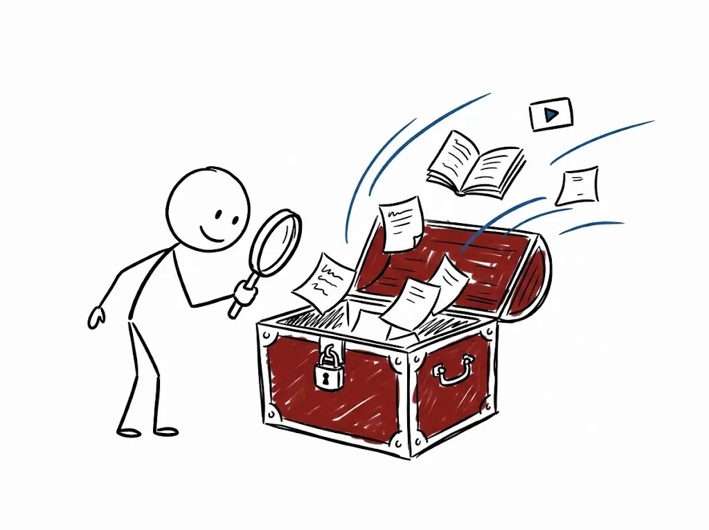 Handgezeichnetes Strichmännchen mit Lupe entdeckt Zettel, ein Buch und ein Video, die aus einer geöffneten Schatzkiste fliegen