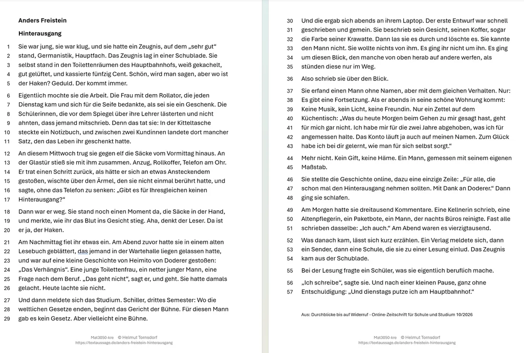 Vorschau auf die Kurzgeschichte „Hinterausgang“ von Anders Freistein, angeregt durch Heimito von Doderers „Das Verhängnis“