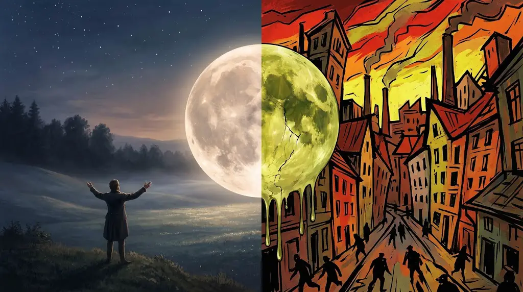 Geteiltes Bild mit einem Mond in der Mitte: links eine romantische Mondnachtlandschaft mit einer Gestalt, die die Arme zum silbernen Mond ausbreitet; rechts eine expressionistische Großstadt unter rotem Himmel mit kränklich tropfendem Mond