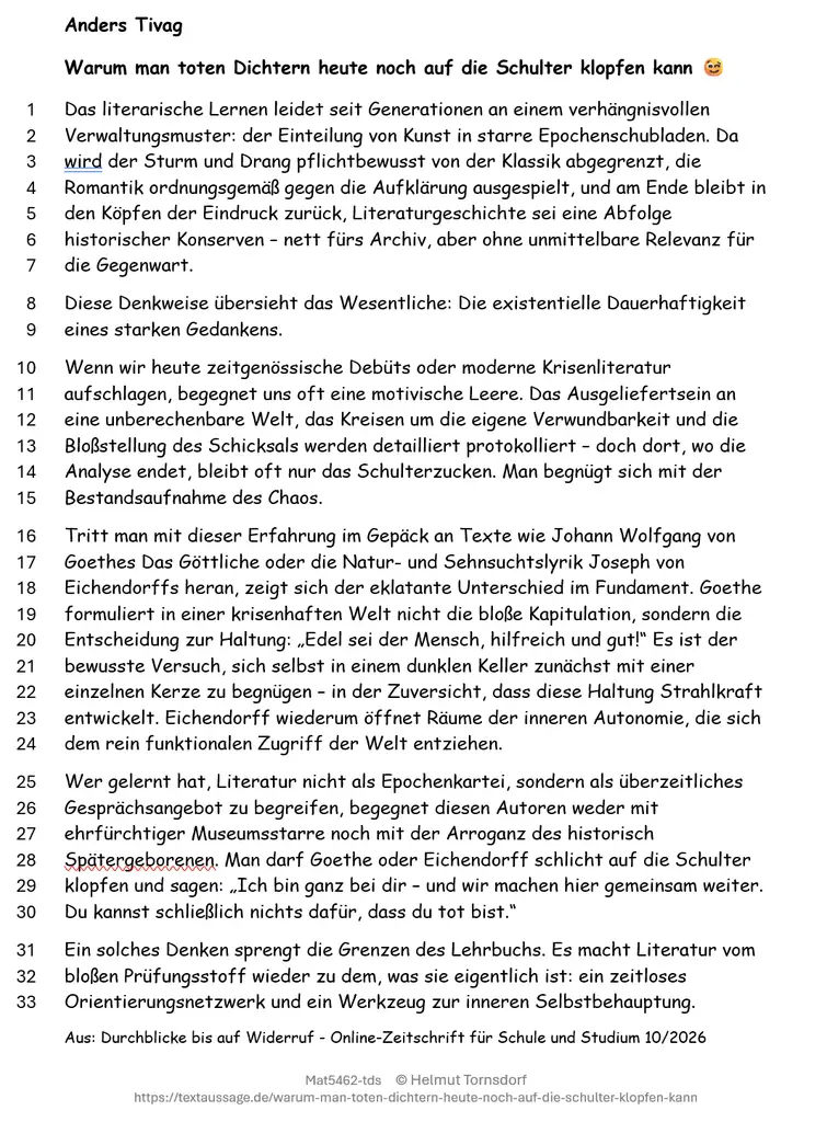 Vorschau der Druckvorlage: Essay von Anders Tivag „Warum man toten Dichtern heute noch auf die Schulter klopfen kann“ mit Zeilennummern
