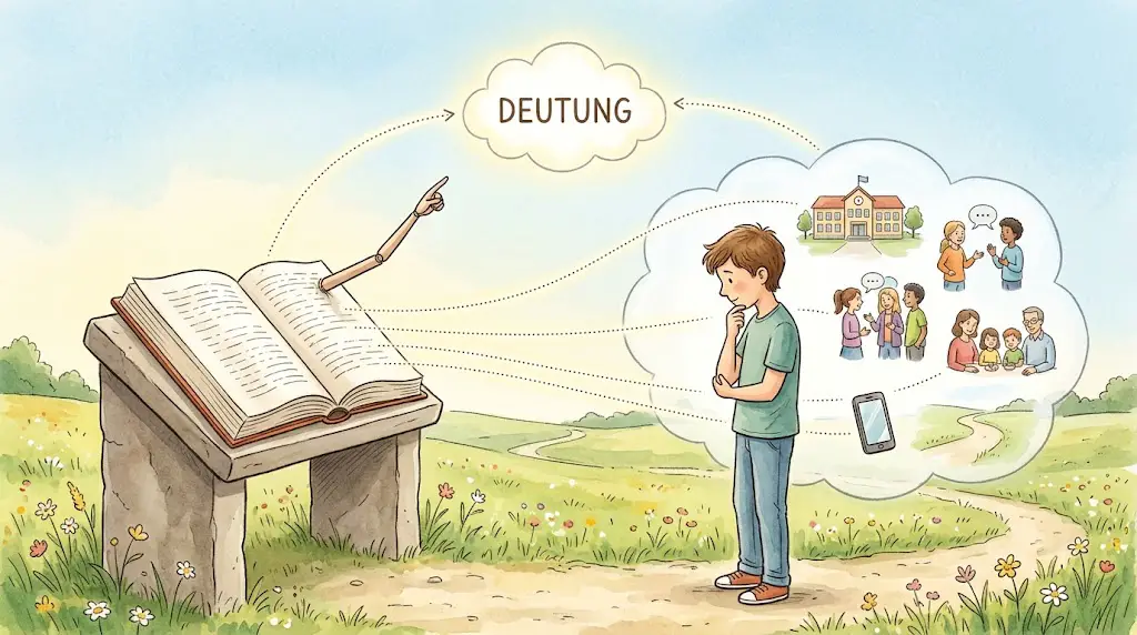 Gezeichnete Szene: Links ein aufgeschlagenes Buch auf einem Steinpult, dessen Arm nach oben zu einer leuchtenden Wolke mit dem Wort ‚Deutung‘ zeigt. Rechts ein nachdenklicher Jugendlicher in einer Wolke mit Bildern aus seiner Lebenswelt: Schule, Freunde, Familie, Smartphone, ein Weg in die Zukunft. Feine Linien verbinden Buch und Lebenswelt, und beide Linien laufen in der Deutungs-Wolke zusammen.