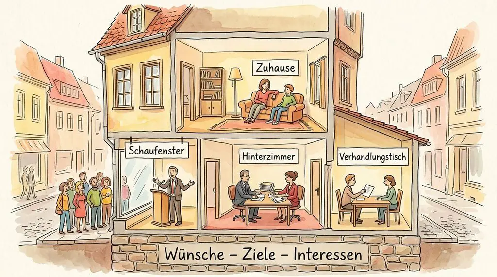 Gezeichneter Querschnitt durch ein altes Geschäftshaus: unten das Fundament „Wünsche – Ziele – Interessen“, im Erdgeschoss ein Schaufenster, aus dem ein Redner zu Passanten spricht, dahinter ein Hinterzimmer mit zwei verhandelnden Personen, im Anbau ein Verhandlungstisch ohne Publikum, im Obergeschoss ein Wohnzimmer, in dem Mutter und Sohn auf dem Sofa reden
