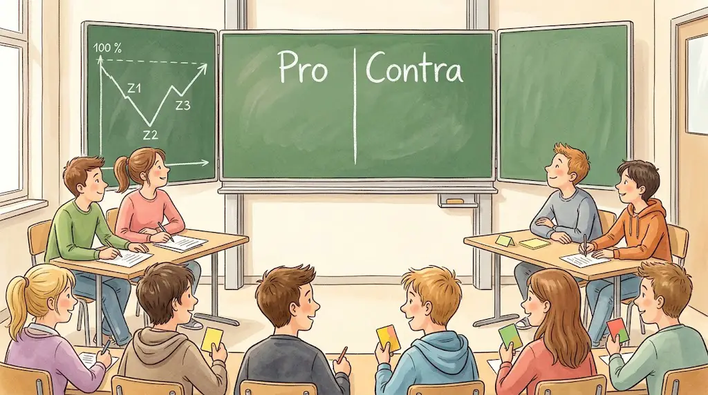 Ein Klassenraum im Vordergrund in Rückenansicht die Lerngruppe. An den Seiten die Debattenvertreter. Im Hintergrund geöffnete Seitentafeln, die deutlich machen, wie sich Positionen in der Debatte auch verändert haben.